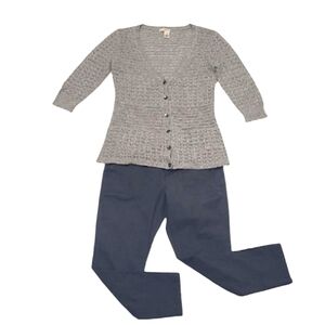 DKNY Crochet Button Down Front Sweater Cable Knit V-Neck Cardigan Quarter Sleeve